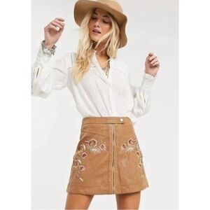Free People Alanis Embroidered Floral Moto Mini Pencil Skirt Zip Brown Size 0